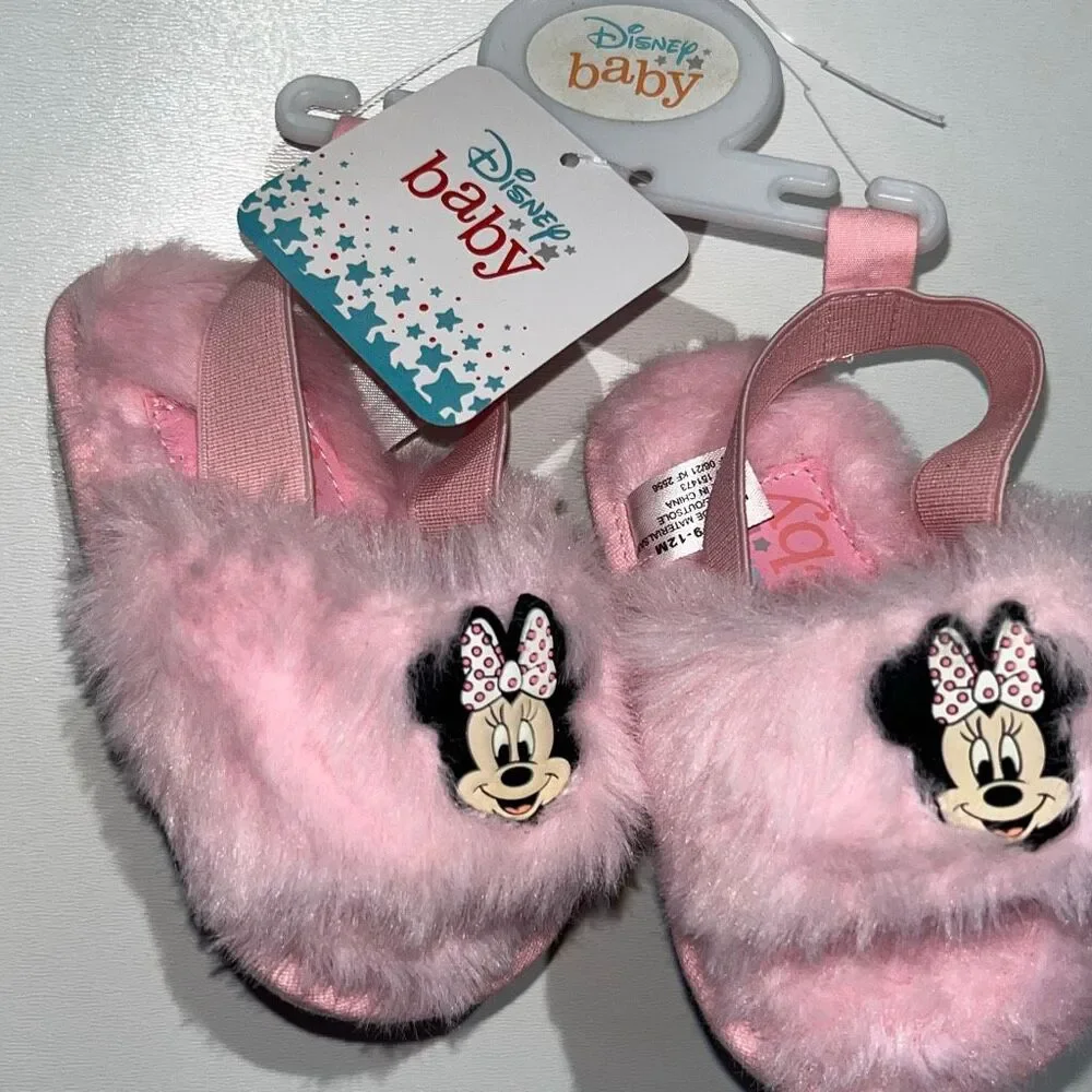 Disney Baby Pink Faux-Fur Back‎ Strap Minnie Mouse Slippers Size 9-12 Months NWT